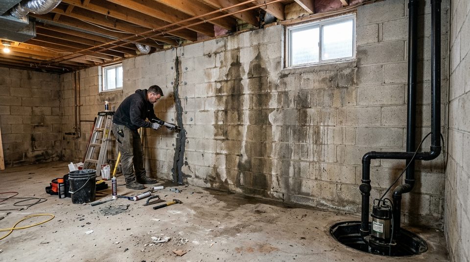 Basement foundation wall crack repair with sump pump in Deep River, Ontario